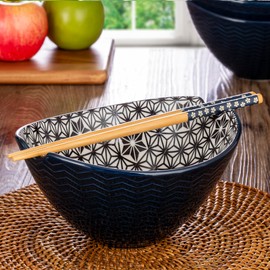 Signature Housewares Pad Print Blue/Black Ceramic Oval Noodle Bowl with Chopsticks Large