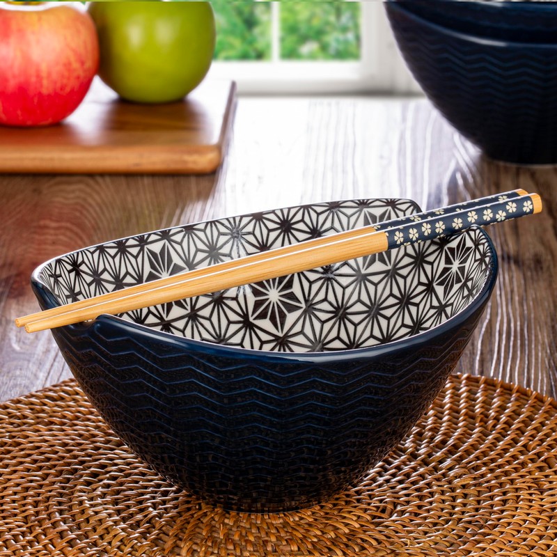 Signature Housewares Pad Print Blue/Black Ceramic Oval Noodle Bowl with