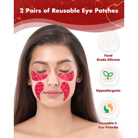 Under Eye Patches Silicone - 2 Pairs Reusable Eye Patches, Valentine's Day Gift for Her, Eye Wrinkle Patches, Reusable Under Eye Mask, with Metal Eye Cream Applicator, Tin Case, Valentine's Day Red