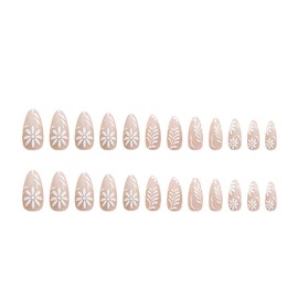 Press on Nails Medium Almond Fake Nails White French False Nails Tips Flower Almond Medium French Tip Nails with Floral Designs - Glossy Full Cover Acrylic Artificial Cute Stick on Nails for Women