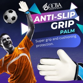 OCBA Soccer Goalkeeper Gloves with Non-Slip Wear-Resistant Latex Material, Strong Grip Football Goalie Training Gloves for Kids & Youth (2, Blue & Black)