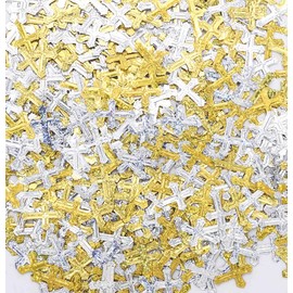 Crossed Christening Confetti Gold Silver Glitter Cross Metallic Sequins Table Shakers for Baby Shower Wedding Birthday Communion Christening and Christmas Party Decoration 45 Grams