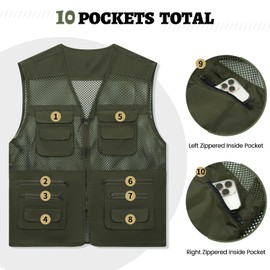 Wirltte Mens Fishing Vests Gilet Lightweight Outdoor Work Cargo Mesh Jacket With Multi Pockets Army Green L