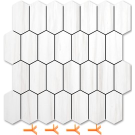 Vamos Tile Long Hexagon Peel and Stick Backsplash Tile - 10 Sheets Stick on Backsplash for Kitchen and Bathroom 12.4 x 12 Inch Dolomite Marble Look PVC Self Adhesive Mosaic Wall Tiles