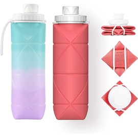 Botella de agua deportiva plegable, 2 botellas de agua blandas con válvula a prueba de fugas, botella de agua de silicona portátil sin BPA para gimnasio, correr, andar en bicicleta, acampar, etc.