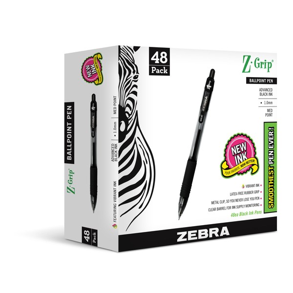 Zebra Pen Z-Grip Retractable Ballpoint Pen, Medium Point, 1.0mm, Black Ink, - 48 Pieces, Model Number: 22148