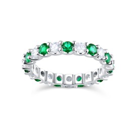 Emerald Band Rings for Women 925 Sterling Silver Stackable May Birthstone Ring Eternity Wedding Band Size 7