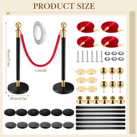 12 Pcs Stanchion Posts Queue Crowd Control Stanchion Velvet Ropes Carpet Set, 6 Pcs 38 Inch Stanchion Post Sand Injection Hollow Base 4 Pcs Rope 1Pc 2.6 x 26ft Carpet for Party Museum (Black and Gold)
