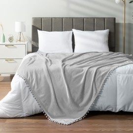 PAVILIA Fleece Throw Blanket for Couch with Pom Pom Fringe, Light Grey, Soft Cozy Fuzzy Flannel Blanket for Sofa Bed, Large Lightweight Plush All Season Throw, 60x80 Inches