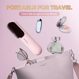 TOOCABEAR Cordless Hair Straightener Brush,Portable Straightening Brush for Travel, Mini Hot Ionic Straightener Comb for Women, Lightweight for Touch-ups, 30s Fast Heating,Pink