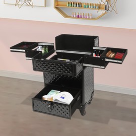 Professional Makeup Train Case, Rolling Cosmetic Trolley Makeup Case Organizer with Drawer & 4 Detachable Silent Wheels, Aluminum Lockable Makeup Travel Case for On The Go Makeup/Nail Art/Hair Styling