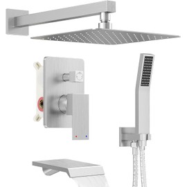 HomGoo Shower System with Tub Spout, Wall Mounted Tub Shower Faucet Set for Bathroom with High Pressure 12'' Rain Shower Head and Handheld Shower head Set, Brushed Nickel