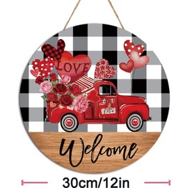 Baokcotei Valentine Wreath for Front Door, Valentines Truck Door Hanger, Valentines Day Door Decor Door Sign 12Inch Buffalo Plaid Valentines Wall Decor Porch Decor, Valentines Welcome Sign
