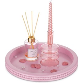 Decorative Serving Tray Wood: White Washed Bead Round Tray Decor for Coffee Table Rustic Wooden Trays Farmhouse Centerpiece for Living Room Kitchen Counter Plates Tea - Color: pink