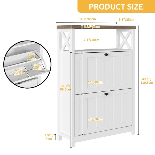 TAUS Modern White Shoe Cabinet with Flip Drawer & Open