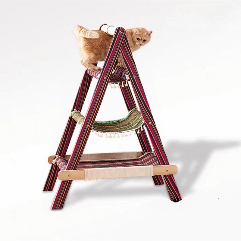 SHENGOCASE 3-Tier Modern Boho Style A Frame Wooden Cat Tree