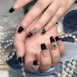 Valentine's Day Press on Nails Long 3D Crystal Love Heart Design Black French False Nails Full Cover Reusable Rhinestones Acrylic Nails Artificial Coffin Fake Nails Glue on Nails for Women 24Pcs