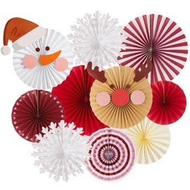 SUNBEAUTY Christmas Party Decorations Christmas Classroom Decorations Hanging Paper Fans with Reindeer Snowman for Xmas Holiday Ceilings Wall Decor Winter New Year Party Supplies
