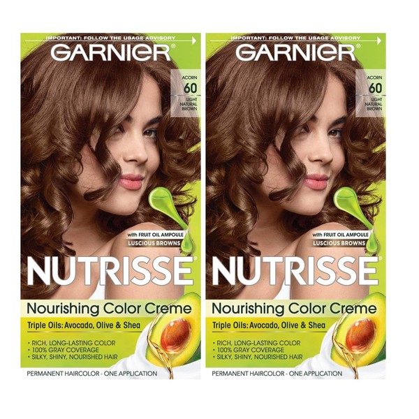 Garnier Hair Color Nutrisse Nourishing Creme, 60 Light Natural Brown (Acorn), 2 Count