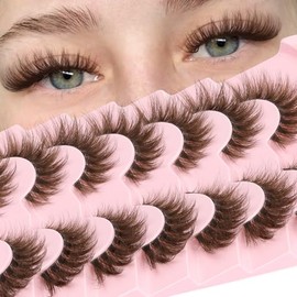 Losha - Pestañas postizas marrones con volumen, pestañas postizas esponjosas de ojo de gato, 7 pares de tiras de pestañas entrecruzadas con banda tran