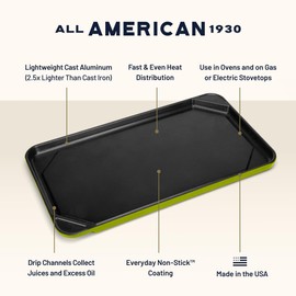 All American 1930 - Ultimate Flat Griddle with Ceramic Non-Stick Coating - Kelp Green - Durable & PFAS Free - For Easy, Prep, Cooking, & Cleaning - Made in the USA