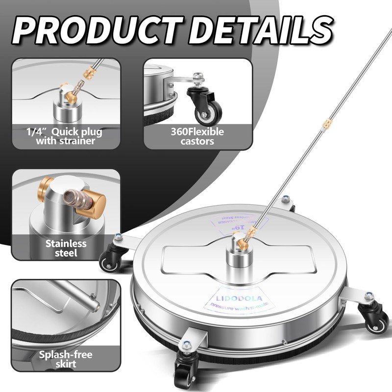 19" Pressure Washer Surface Cleaner with 4 Wheels - Stainless