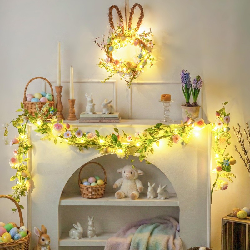 6 FT Lighted Easter Garland with Eggs & Flowers, Artificial