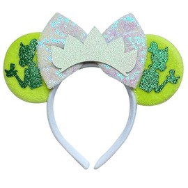 FUGUIZHU Mouse Ear Headband,Tiana Princess Ear Hairband,Crown Glitter Sequin Bow Ears for Women Adult Cosplay Costume Birthday Party Decorations Favor Shiny Hair Accessory-152