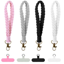 Psyqtsuary 4 Pcs Boho Macrame Phone Wrist Strap, Cell Phone Lanyard with Tether Tab, Handmade Macrame Keychain, Smartphone Chain Charm Wristlet, Anti-Loss Phone Chain for Women Men