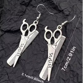 Royal Swan Antique Silver Stylist Scissors & Comb Earrings on Sterling Silver Hooks