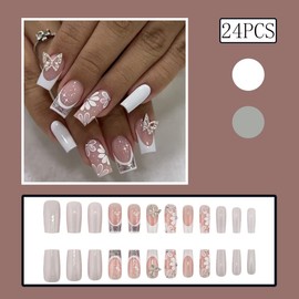 Medium Square Press on Nails White French Tip Fake Nails Cute Flower Stick on Nails Glossy Glitter False Nails with 3D Butterfly Designs Full Cover Artificial Acrylic Nails for Women Girls 24Pcs