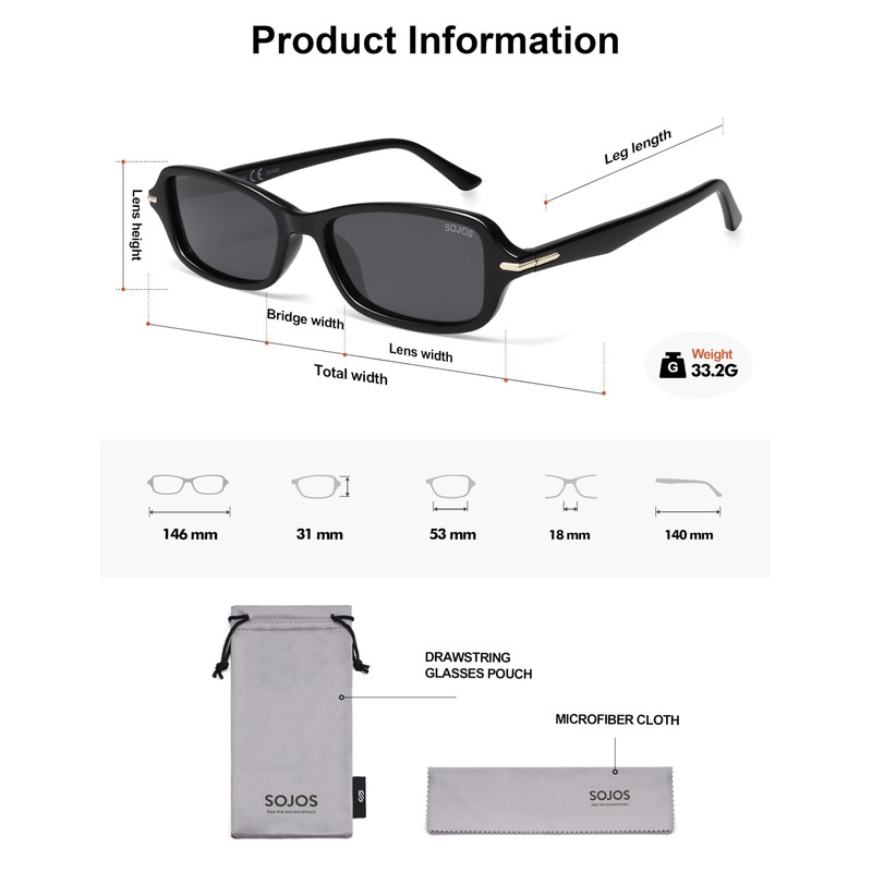SOJOS SJ2376 Retro Polarised Slim Rectangular Sunglasses Women Men Vintage