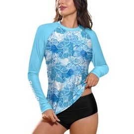 BesserBay Lady Summer SPF Swim UPF Rash Guard Surfing Loose Fit Long Sleeve Top Blue Flower XL