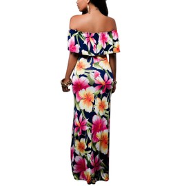 Suimiki Vintage Ruffle Plain Floral Printed Off Shoulder Bodycon Long Party Maxi Dress Blue XXX-Large