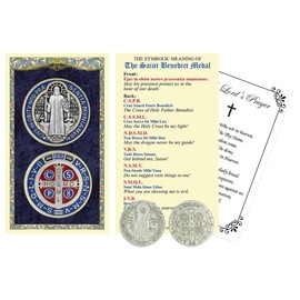 Saint Benedict Holy Card - Italian St Benedict Medal Pocket Token, The Lord's Prayer - Laminated St Benedict Prayer Card - St Benedict Card, Catholic Coin - St Benedict of Nursia Themed Set - 3 Items