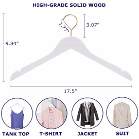 Amber Home White Wooden Hangers with Gold Hook 24 Pack, White Wood Shirt Hangers with Notches for Dress, Clothes Hangers for Jacket, Coat, Bridal (White+Gold, 24)