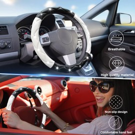 SuperKaKa Black and White Steering Wheel Cover, Auto Cute PU Diamond Bling Comfort Leather Car Interior Accessories Protector Sparkly Fit Most O-Shaped Steering Wheels