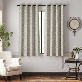 jinchan Linen Textured Curtains for Living Room Darkening 63 Inch Length, Medallion Drapes for Bedroom, Damask Pattern Window Treatments Vintage Curtain Panels, 2 Panels Sage Green on Greige