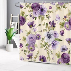 LB Purple Floral Shower Curtain for Bathroom,Nature Rose Flower and Green Leaf Plant on Beige Fabric Shower Curtain with Hooks,Country Botanical Bathroom Curtain Shower Set, 72x72 inches