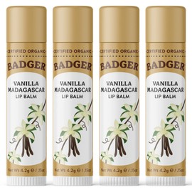 Badger Vanilla Madagascar Classic Lip Balm, 100% Organic Lip Balm, Long Lasting Lip Care w/Light Silky Texture, Comforting & Relaxing, 4 Pack