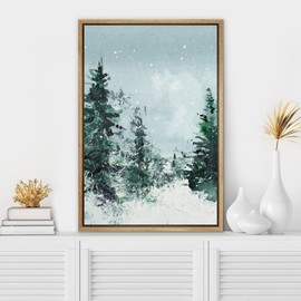 SIGNWIN Framed Canvas Print Wall Art Woodland Nursery Decor Winter Snow Watercolor Pine Tree Forest Nature Modern Art Decorative Landscape Colorful for Living Room, Bedroom, Office - 16"x24" Natural