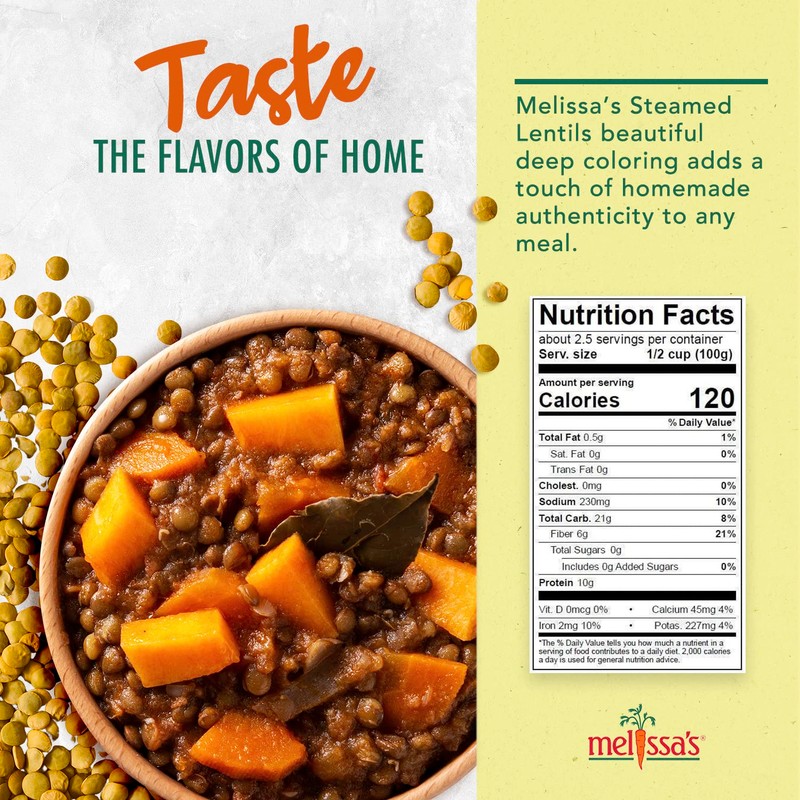 Melissa's Steamed Lentils, Pre-Cooked and Ready to Eat Lentils, Non-GMO