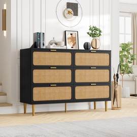 Rattan 6 Drawer Dresser for Bedroom, Large Double Dresser with Deep Drawers, Long Wooden Chest of Drawers for Closet with Wide Top, for Living Room, Hallway, Kids Room, Black