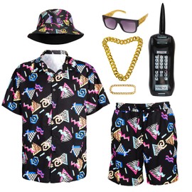 FEELJAM 80s 90s Outfit for Men, Retro Hawaiian Shirts and Shorts Set,Hip Hop Sportswear 7Pcsfor Disco Party (Black, XX-Large)