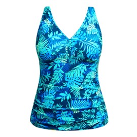 Yonique Women Plus Size Tankini Top Only Tummy Control Bathing Suit Top V Neck Swim Top No Bottom, Blue Leaves, 22 Plus