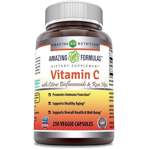 Amazing Formulas Vitamin C (Ascorbic Acid) - 1000mg with Rose Hips & Citrus Bioflavonoids, 250 Vegetarian Capsules(Non-GMO,Gluten Free) Promotes Immune Function-Supports Healthy Aging-Supports Overall