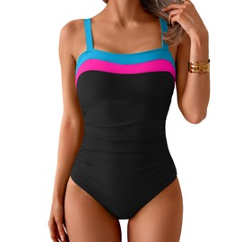 Aidonger Women's Ribbed One Piece Swimsuits Color Block Tummy Control Bathing Suit Slimming 1 Piece Swimwear