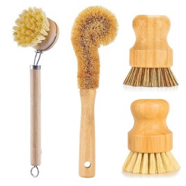 Bamboo Dish Brushes Sets 4 Tools Dish Scrub Brush Dish Scrubber Washing Brush Dish Brush Set Dishes with Handle for Cleaning Kitchen Utensils(Bamboo Brushes Sets)