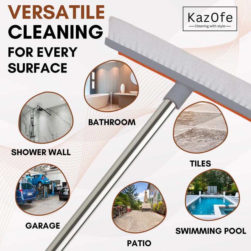 KazOfe 2-in-1 Floor Scrubbing Brush with Squeegee, Heavy Duty Stiff
