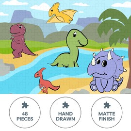 Theo's Puzzles Dinosaur Kids Puzzle - Fun 48-Piece Jigsaw with Diverse Dinosaur, Rivers, and Volcano Scenery for Ages 4+, Perfect Dinosaur Puzzles for Kids Ages 4-6, Size 8.5x11